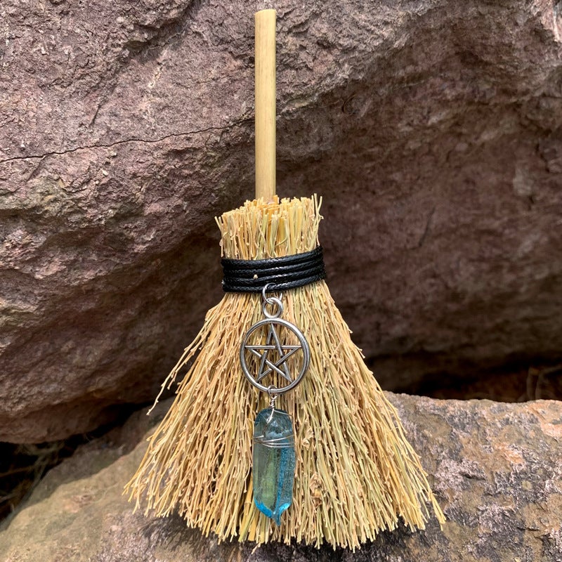 Loquat Mini Wicca Broom Crystal Car Pendant Pentagram + light blue crystal Bud