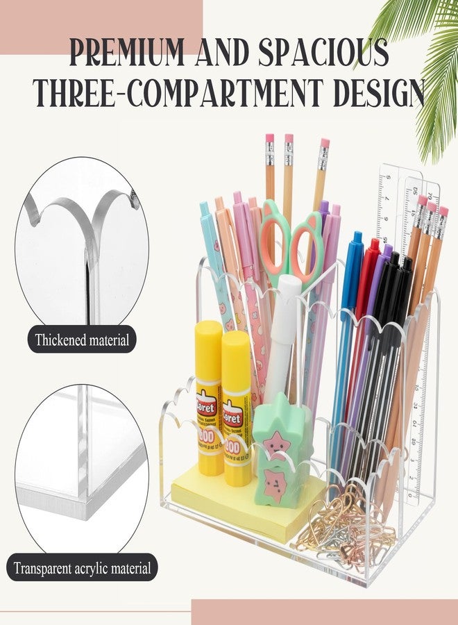 Tosstuki Scalloped Acrylic Pencil Holder, Clear Desk Organizer with 3 Compartments, Marker Makeup Brush Holder Remote Caddy for Home, Office, Bathroom, Classroom, Table - Image 4