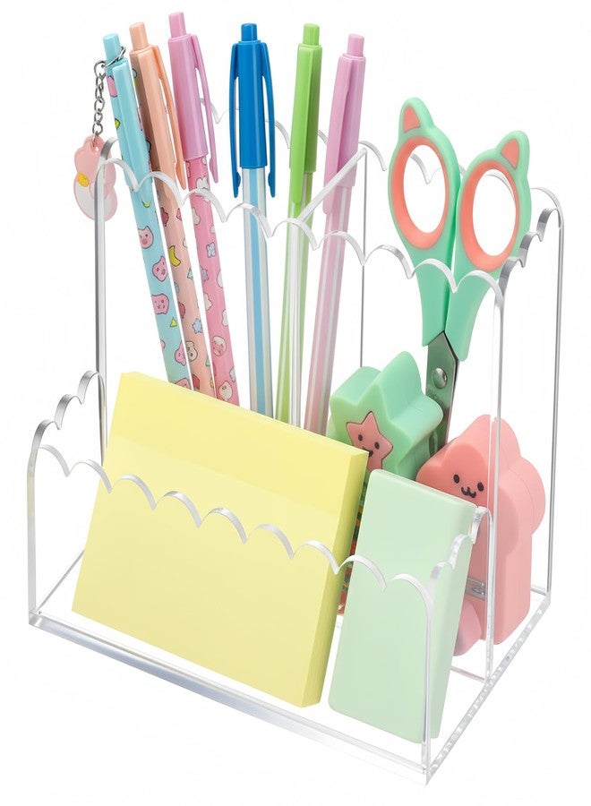 Tosstuki Scalloped Acrylic Pencil Holder, Clear Desk Organizer with 3 Compartments, Marker Makeup Brush Holder Remote Caddy for Home, Office, Bathroom, Classroom, Table - Image 1
