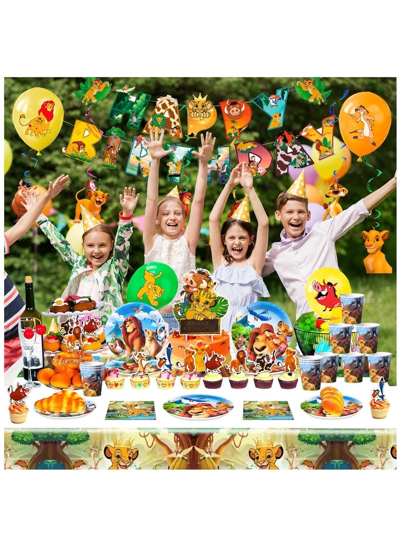 حفلة مثمرة زينة عيد ميلاد الأسد الملك لـ 10 ضيوف، 117 مجموعة أدوات مائدة يمكن التخلص منها لحفلة الأسد الملك بالونات حفلة عيد ميلاد الأسد الملك لافتات أطباق مناديل لحفلة عيد ميلاد الأسد الملك - Image 4