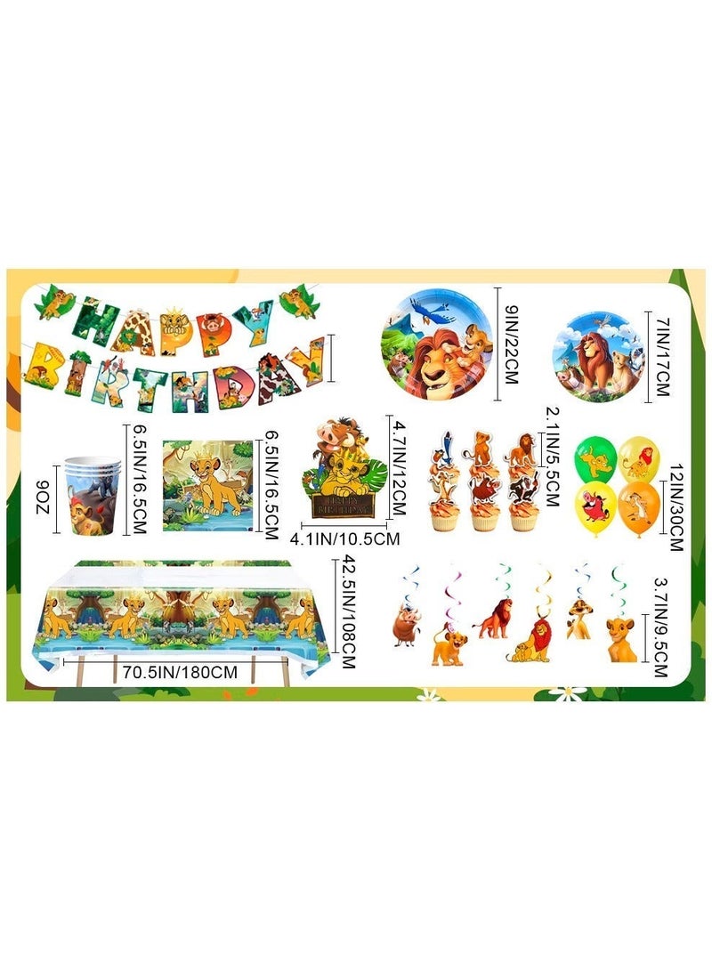 حفلة مثمرة زينة عيد ميلاد الأسد الملك لـ 10 ضيوف، 117 مجموعة أدوات مائدة يمكن التخلص منها لحفلة الأسد الملك بالونات حفلة عيد ميلاد الأسد الملك لافتات أطباق مناديل لحفلة عيد ميلاد الأسد الملك - Image 3