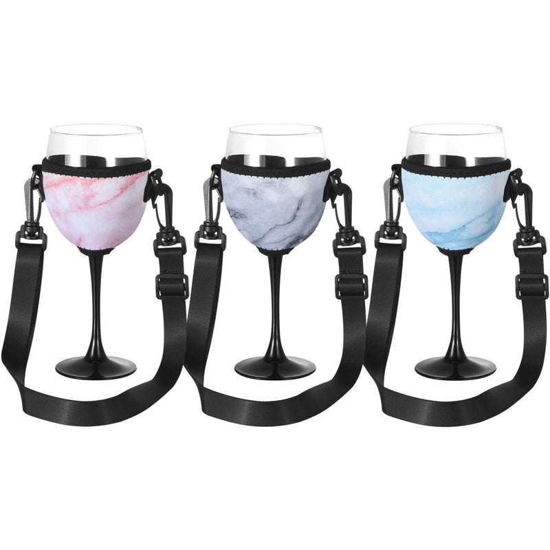 Beautyflier Beautyflier Wine Glass InsulatorDrink HolderNeoprene Sleeve with Adjustable Neck Strap For Wine Walk Marble BluePinkGray 