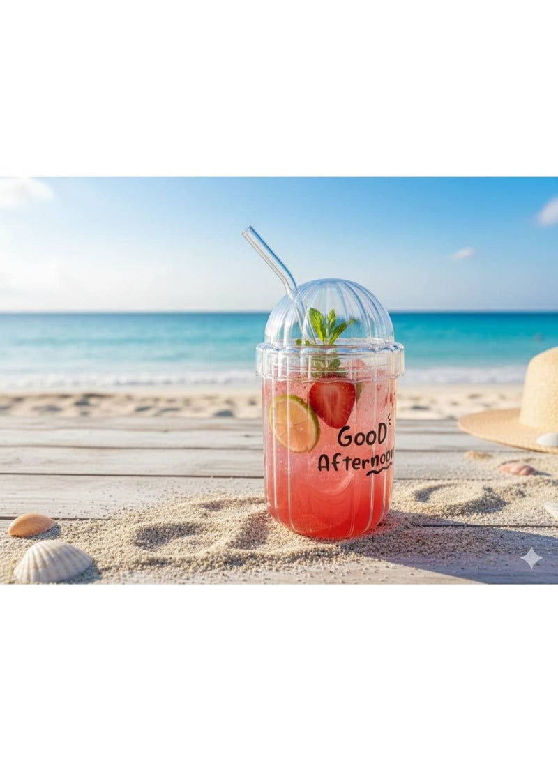 Aesthetic Pyrex Glass Ice Coffee Tumbler Mug with Lid, Straw & "Good Morning" Print (500 ml) - Image 1