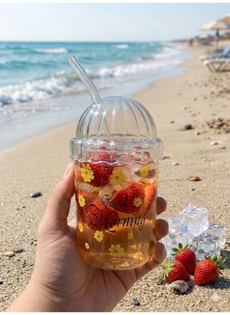 Aesthetic Pyrex Glass Ice Coffee Tumbler Mug with Lid, Straw & "Good Morning" Print (500 ml) - Image 5