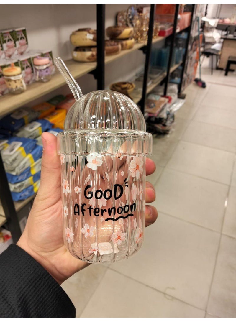 Aesthetic Pyrex Glass Ice Coffee Tumbler Mug with Lid, Straw & "Good Morning" Print (500 ml) - Image 2
