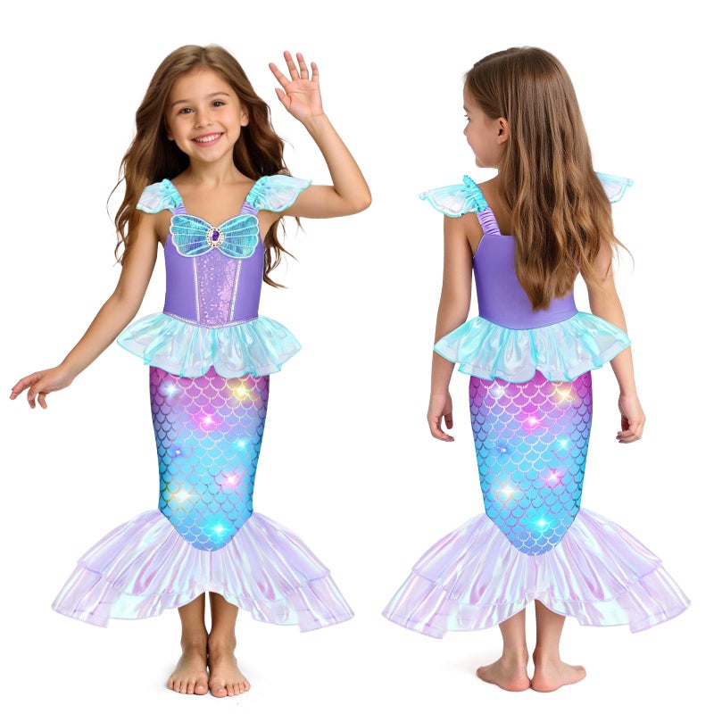 Meland Mermaid Costume for Girls - Light Up Halloween Costume for Kids Toddler 3-10, Princess Dress Up for Girl Birthday Gift, Mermaid Dress for Girls Aged 3-10 Years Old (5-6 Years) - Image 4