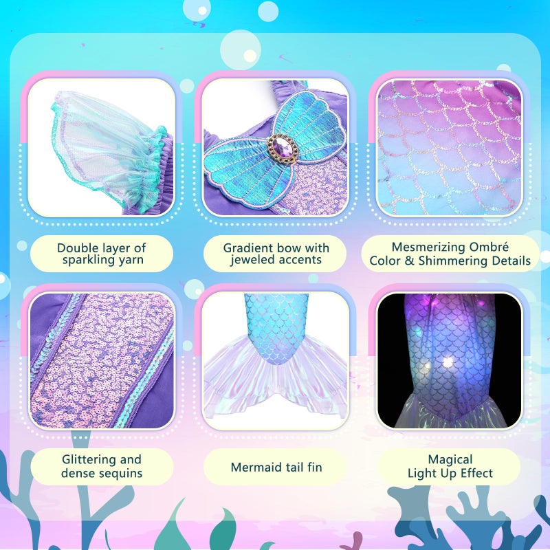 Meland Mermaid Costume for Girls - Light Up Halloween Costume for Kids Toddler 3-10, Princess Dress Up for Girl Birthday Gift, Mermaid Dress for Girls Aged 3-10 Years Old (5-6 Years) - Image 2
