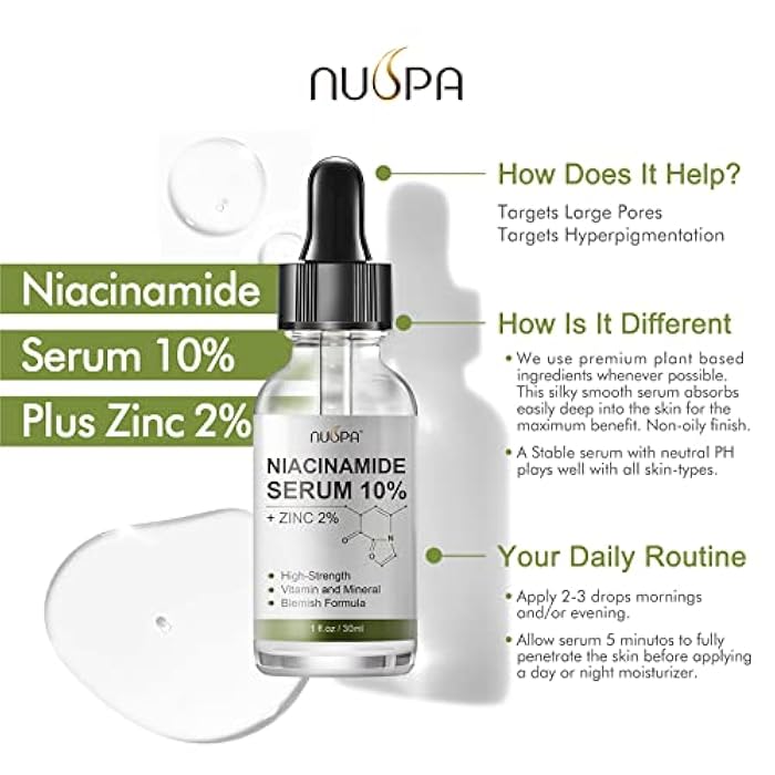 NUSPA Niacinamide Serum 10% Plus Zinc 2% for Face Skin Care Vitamin B3 Facial Serum with Hyaluronic Acid for Acne Pore Reducer Treatment - Image 2