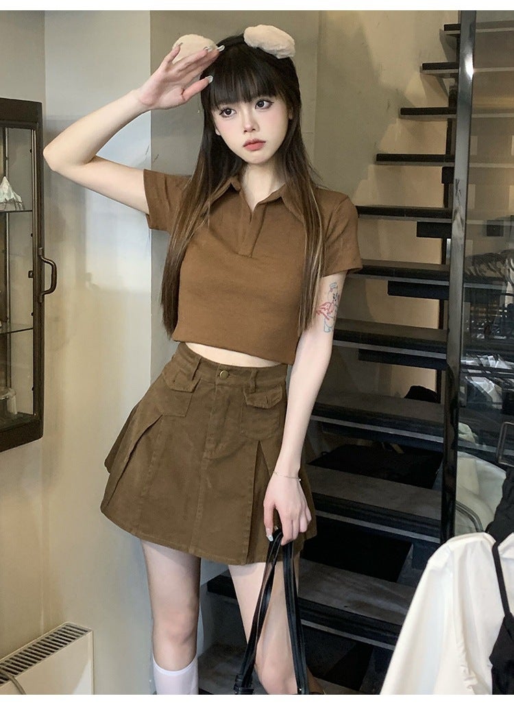 Chic Cropped Ribbed Student Polo Tee Brown - Image 1