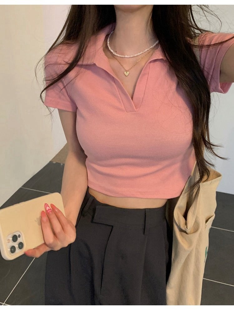 Chic Cropped Ribbed Student Polo Tee Brown - Image 2