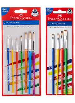 Faber-Castell Tri-Grip Brush - Round, Pack of 7 (Assorted) & Faber-Castell Tri-Grip Brush - Flat, Pack of 4 (Assorted)