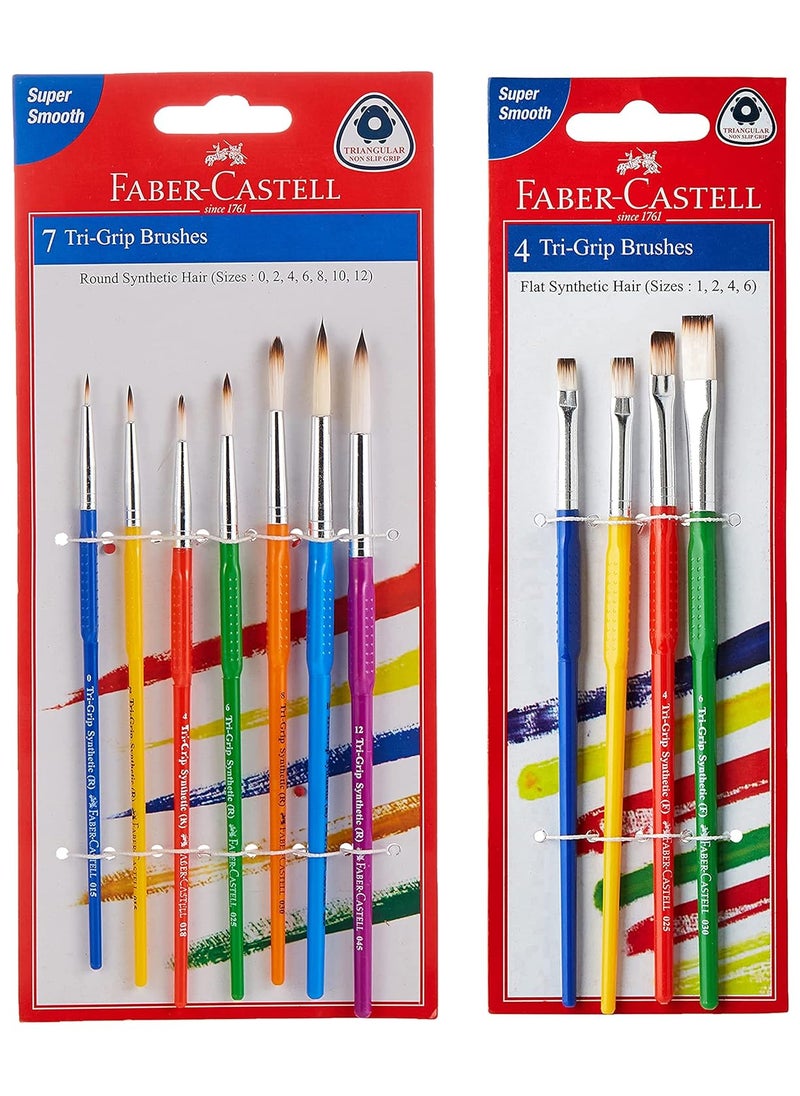 FABER-CASTELL - Faber-Castell Tri-Grip Brush - Round, Pack of 7 (Assorted) & Faber-Castell Tri-Grip Brush - Flat, Pack of 4 (Assorted) - Image 1