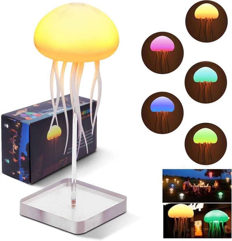 XERGY LED Cute Jellyfish Night Light, RGB Gradient Bedside Voice Control Light Rechargeable - Type-C Table Bedside Lamp with Touch Sensor Lamp for Bedroom (Hanging + Base) - Image 3