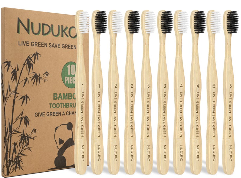 NUDUKO Bamboo Toothbrushes Soft Bristles Biodegradable EcoFriendly Toothbrush 10 Pack BPA Free Charcoal Bamboo Tooth Brush Organic Natural Green and Compostable Tooth Brushes