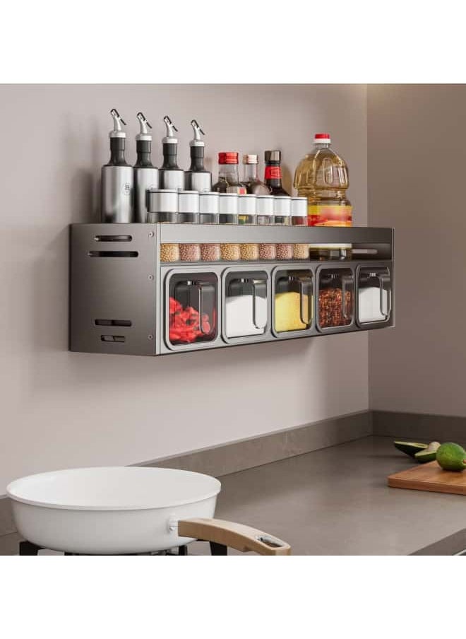 Spice Rack with 5 Spice Boxes 2 Tier Spice Racks Organiser Wall Mounted Spice Shelf Holder Large Capacity Seasoning Stand for Kitchen Wall Cabinet
