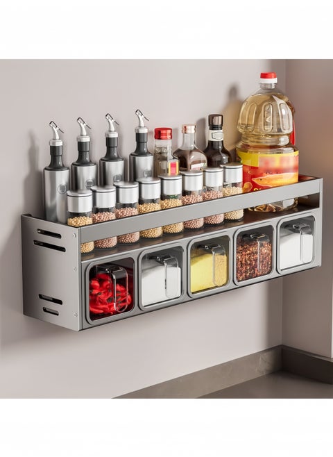Spice Rack with 5 Spice Boxes 2 Tier Spice Racks Organiser Wall Mounted Spice Shelf Holder Large Capacity Seasoning Stand for Kitchen Wall Cabinet