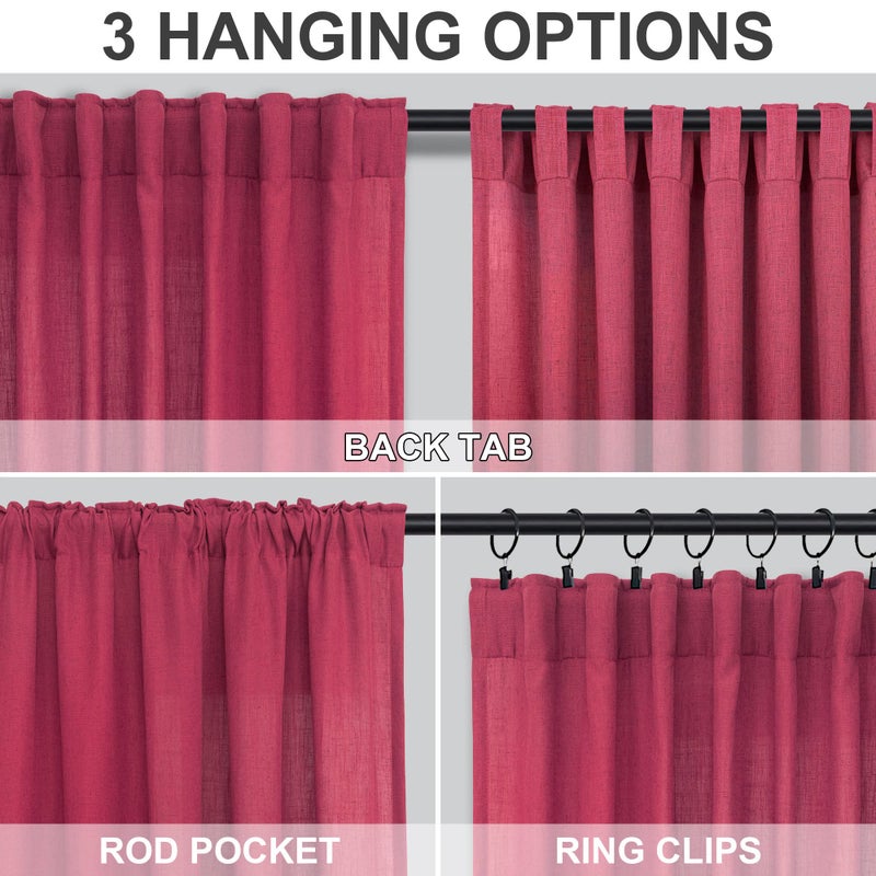 DANCURTON Hot Pink Curtains for Living Room 84 Inch Length 2 Panels Set Back Tab Pocket Semi Sheer Linen Boho Vibrant Bright Colored Girls Curtains for Bedroom Princess Decor Raspberry Fuchsia Magenta Red 52x84 - Image 3