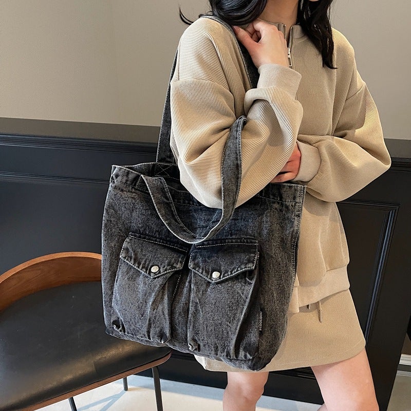 Hong Kong Style Literary Denim Bag For Women Fashion Versatile Tote Bag Korean Style Student Class Bag - Image 2