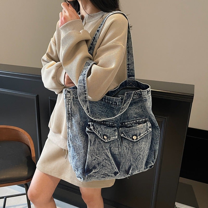 Hong Kong Style Literary Denim Bag For Women Fashion Versatile Tote Bag Korean Style Student Class Bag - Image 3