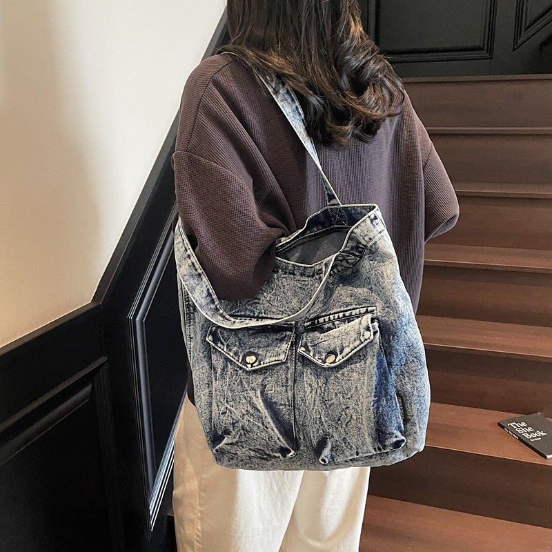 Hong Kong Style Literary Denim Bag For Women Fashion Versatile Tote Bag Korean Style Student Class Bag - Image 5