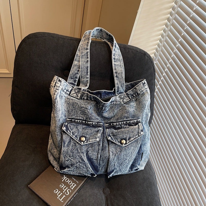 Hong Kong Style Literary Denim Bag For Women Fashion Versatile Tote Bag Korean Style Student Class Bag - Image 1