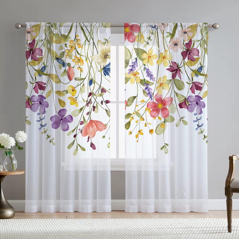 Fereyis Floral Sheer Curtains for Living Room 84 inch Length 2 Panels Set Elegant Purple Pink Flower Printed Window Curtain Chiffon Drapes for Bedroom - Image 1