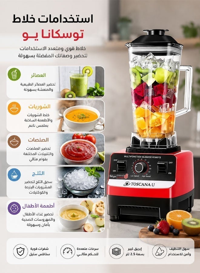 توسكانا يو خلاط كهربائي احترافي 1200 واط مع مطحنة حبوب وتوابل، خلاط فواكه وعصير وسموذي، 2.5 لتر، 15 سرعة - Image 2