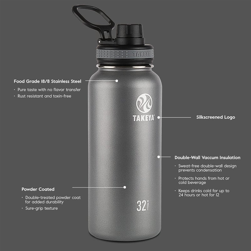 Takeya Originals 40 oz Vacuum Insulated Stainless Steel Water Bottle with Spout Lid, Black - Image 4