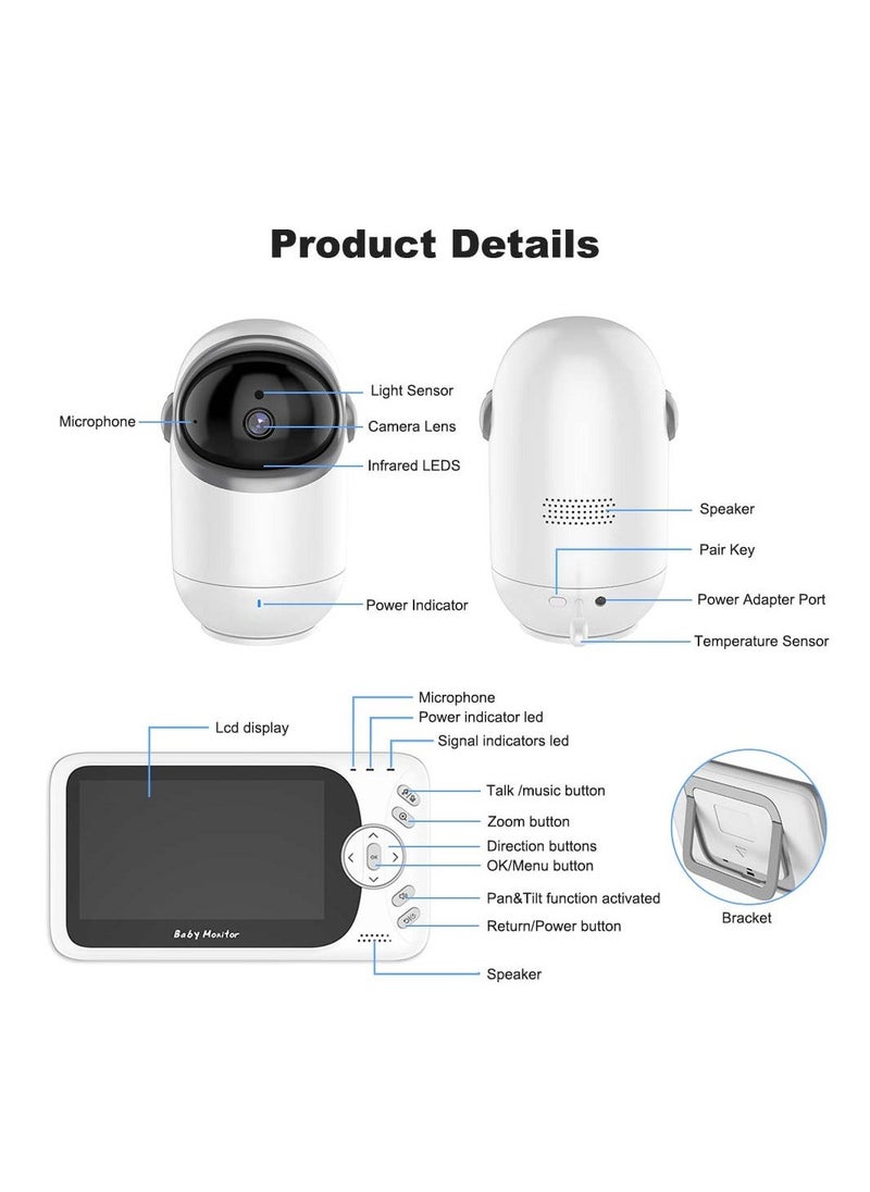 Generic - 4.3" Large Screen Video Baby Monitor, Wireless Smart PTZ Camera, 19 Hours Battery Life, 850 Feet Long Range, 2 Way Audio, Night Vision, Temperature Sensor, Power Saving Mode, Built-in Lullabies - Image 1