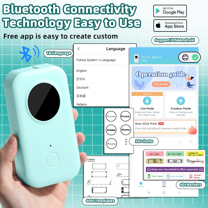 Phomemo D30 Mini Label Maker - Inkless Thermal Portable Bluetooth Label Printer with Tape with 1000+ Templates, Organized Zones for Home, Office, School, Store, Pantry, Green - Image 5