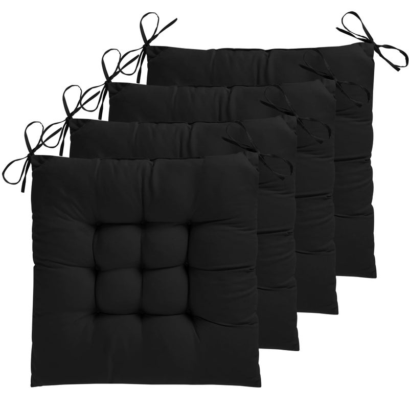 ELFJOY 4 Pack Chair Cushions for Dining Chairs 17x17 inch Seat Cushions for Kitchen Chairs Soft and Comfortable Square Chair Pads with Ties Black