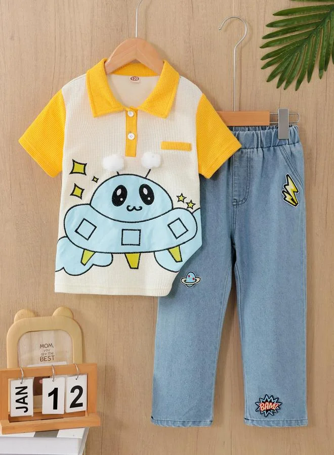 تايك تو مجموعة من جينز وقميص بولو بطبعة جرافيك