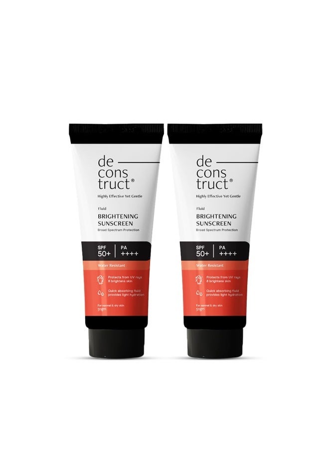 Deconstruct Dry Brightening Fluid Sunscreen SPF 50+ with Niacinamide | Lightweight, Hydrating & Dewy | UVA/UVB Protection | 8-Hour Wear, Water-Resistant, No White Cast | 50g | Pack of 2 - Image 1