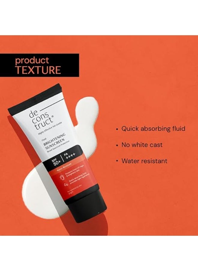 Deconstruct Dry Brightening Fluid Sunscreen SPF 50+ with Niacinamide | Lightweight, Hydrating & Dewy | UVA/UVB Protection | 8-Hour Wear, Water-Resistant, No White Cast | 50g | Pack of 2 - Image 2