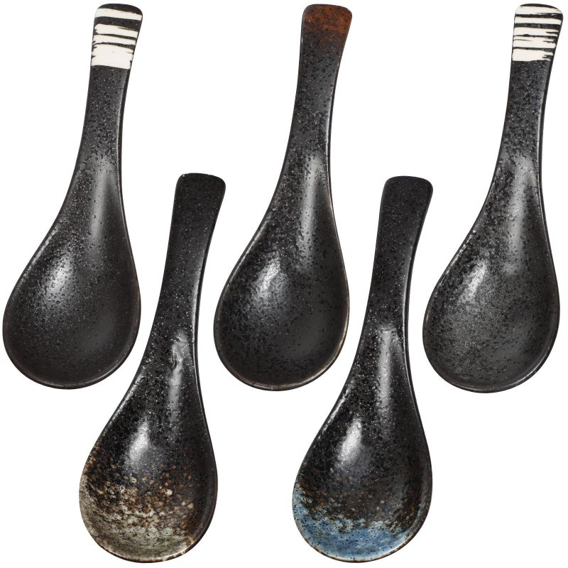 Uonlytech 5 Piece Vintage Ceramic Soup And Rice Spoons Set Multipurpose Kitchen Utensils Porcelain Japanese Style Mixed Colors For Home And Restaurant Use - Image 2