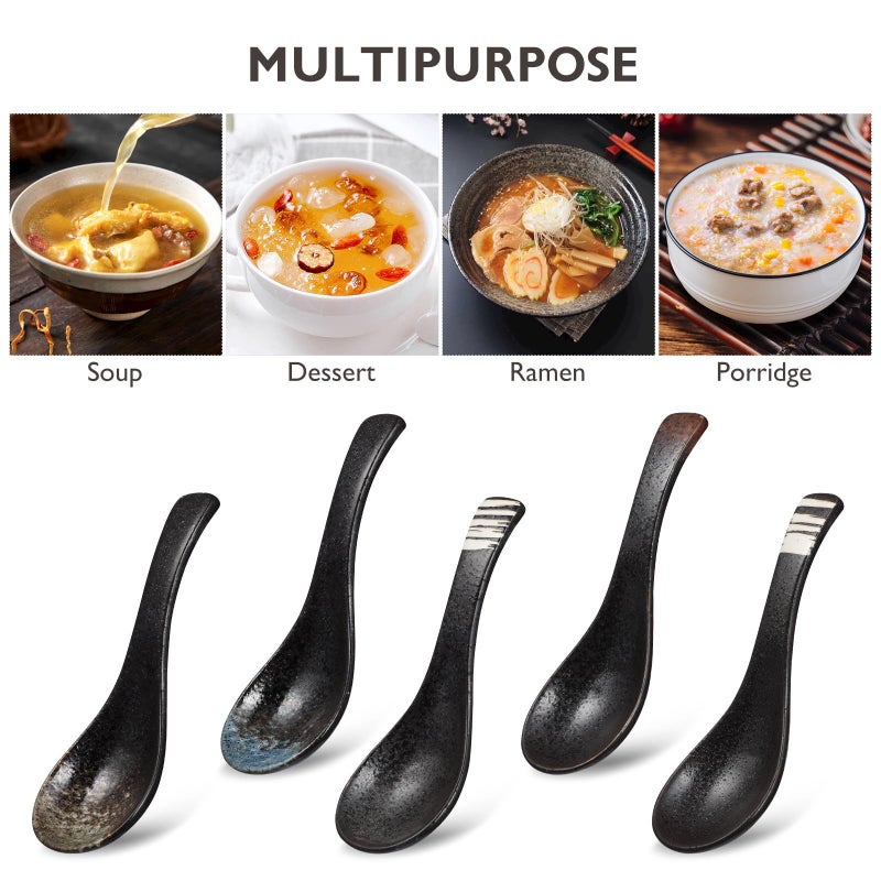 Uonlytech 5 Piece Vintage Ceramic Soup And Rice Spoons Set Multipurpose Kitchen Utensils Porcelain Japanese Style Mixed Colors For Home And Restaurant Use - Image 5
