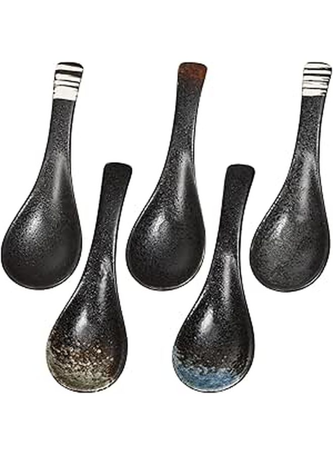 Uonlytech 5 Piece Vintage Ceramic Soup And Rice Spoons Set Multipurpose Kitchen Utensils Porcelain Japanese Style Mixed Colors For Home And Restaurant Use - Image 1