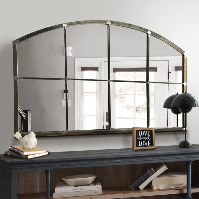 WIDE WINDOW PANE BLACK MIRRORFARMHOUSE ARCHED WALL MIRRORMANTEL MIRROR FOR FIREPLACEENTRYWAYHALLWAYLIVING ROOM42X28 VINTAGE BLACK WIDE MIRROR