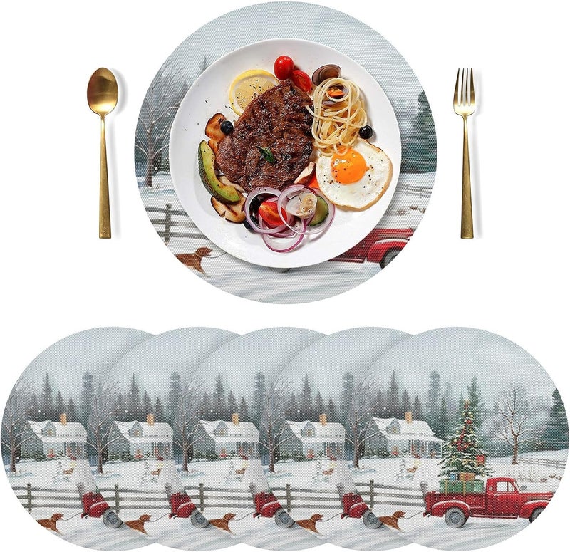 Kcldeci مجموعة كليديسي من مفارش المائدة المستديرة لعيد الميلاد 6 قطع شاحنة حمراء لمفارش عيد الميلاد 15 بوصة لمائدة المطبخ ومائدة العشاء للأطفال في حفلات العطلات - Image 3