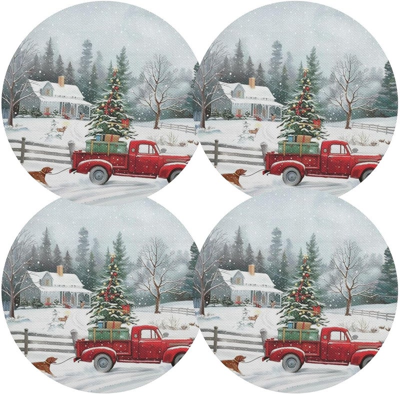 Kcldeci مجموعة كليديسي من مفارش المائدة المستديرة لعيد الميلاد 6 قطع شاحنة حمراء لمفارش عيد الميلاد 15 بوصة لمائدة المطبخ ومائدة العشاء للأطفال في حفلات العطلات - Image 2