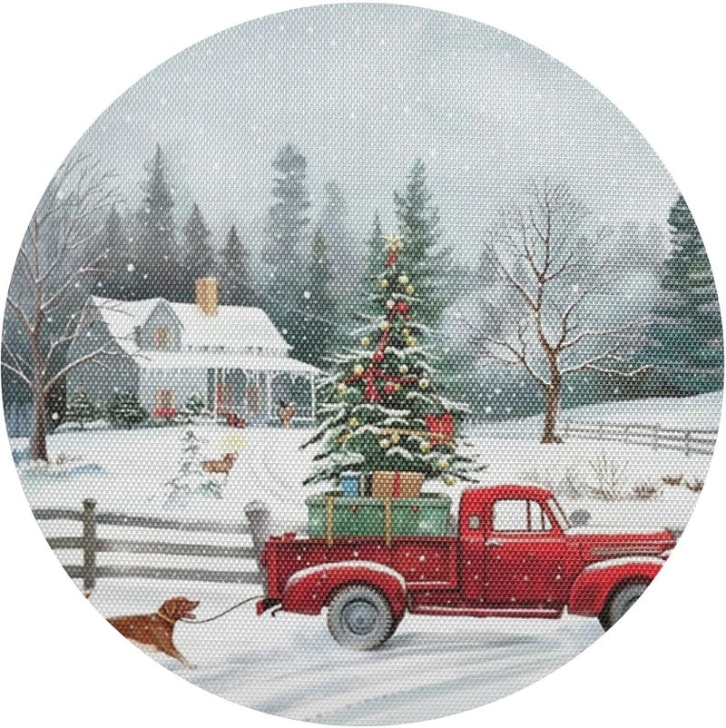 Kcldeci مجموعة كليديسي من مفارش المائدة المستديرة لعيد الميلاد 6 قطع شاحنة حمراء لمفارش عيد الميلاد 15 بوصة لمائدة المطبخ ومائدة العشاء للأطفال في حفلات العطلات - Image 1