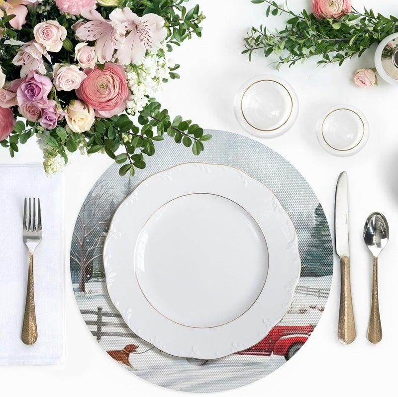 Kcldeci مجموعة كليديسي من مفارش المائدة المستديرة لعيد الميلاد 6 قطع شاحنة حمراء لمفارش عيد الميلاد 15 بوصة لمائدة المطبخ ومائدة العشاء للأطفال في حفلات العطلات - Image 5