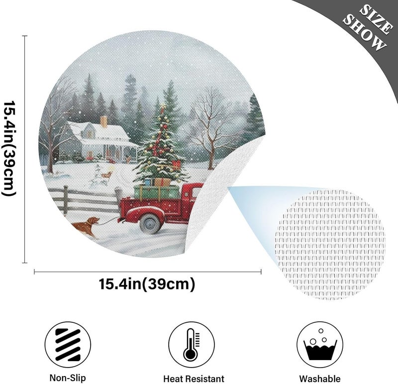 Kcldeci مجموعة كليديسي من مفارش المائدة المستديرة لعيد الميلاد 6 قطع شاحنة حمراء لمفارش عيد الميلاد 15 بوصة لمائدة المطبخ ومائدة العشاء للأطفال في حفلات العطلات - Image 4