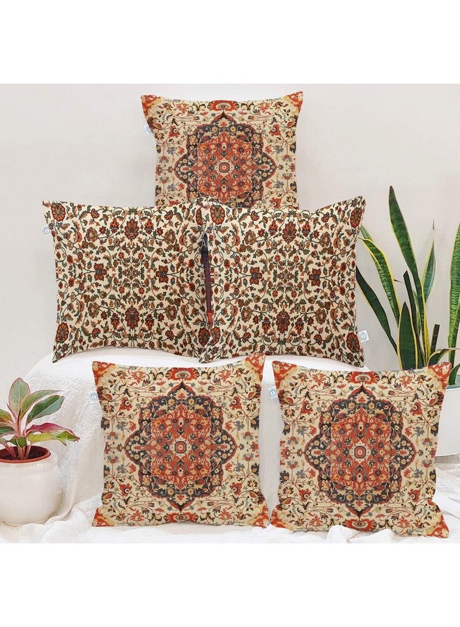 STITCHNEST Set of 5 Polycotton Cushion Covers - 16x16 Inches - Vintage Persian Floral & Medallion Print - Traditional Sofa Cushion Covers for Living Room & Home Decor - Image 1