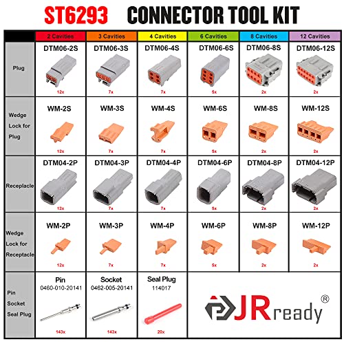 JRready ST6293 Deutsch Connector Kit DTM 2 3 4 6 8 and 12 Pin Automotive Electrical Connectors with Size 20 Solid Contacts Crimp Wire Gauge 16-22AWG,7.5A - Image 2