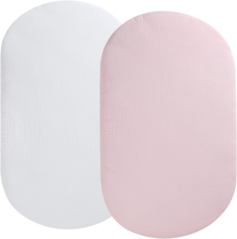 Fitted Bassinet Sheet: White & Pink Cotton Muslin - Portable Travel Bassinet Sheet for Baby Nursery Bedding - Image 1