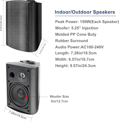 STUDIOFINIX 5.25 Inches 600 Watts Indoor Outdoor Bluetooth Speakers All Weather Wired Wall Mount System for Patio Deck (4 Speakers) - Image 5