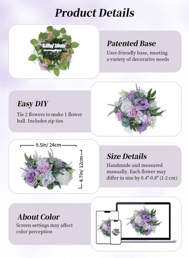 BLOSMON Purple Flowers Artificial for Decoration: 10 Pieces 9.5 Inch Fake Flower Ball Centerpieces for Wedding Tables - Lilac White Rose Lavender Fake Silk Kissing Floral Arrangements - Image 5