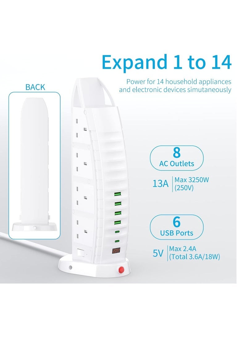 ELTRAZONE Extension Socket Burj Al Arab Shape - 8 Outlets, 6 USB, 2 Type-C, 4 USB Ports, 3.6A, 2M Cable, Vertical Power Strip with Switches, Multi-Plug Design  - Image 2