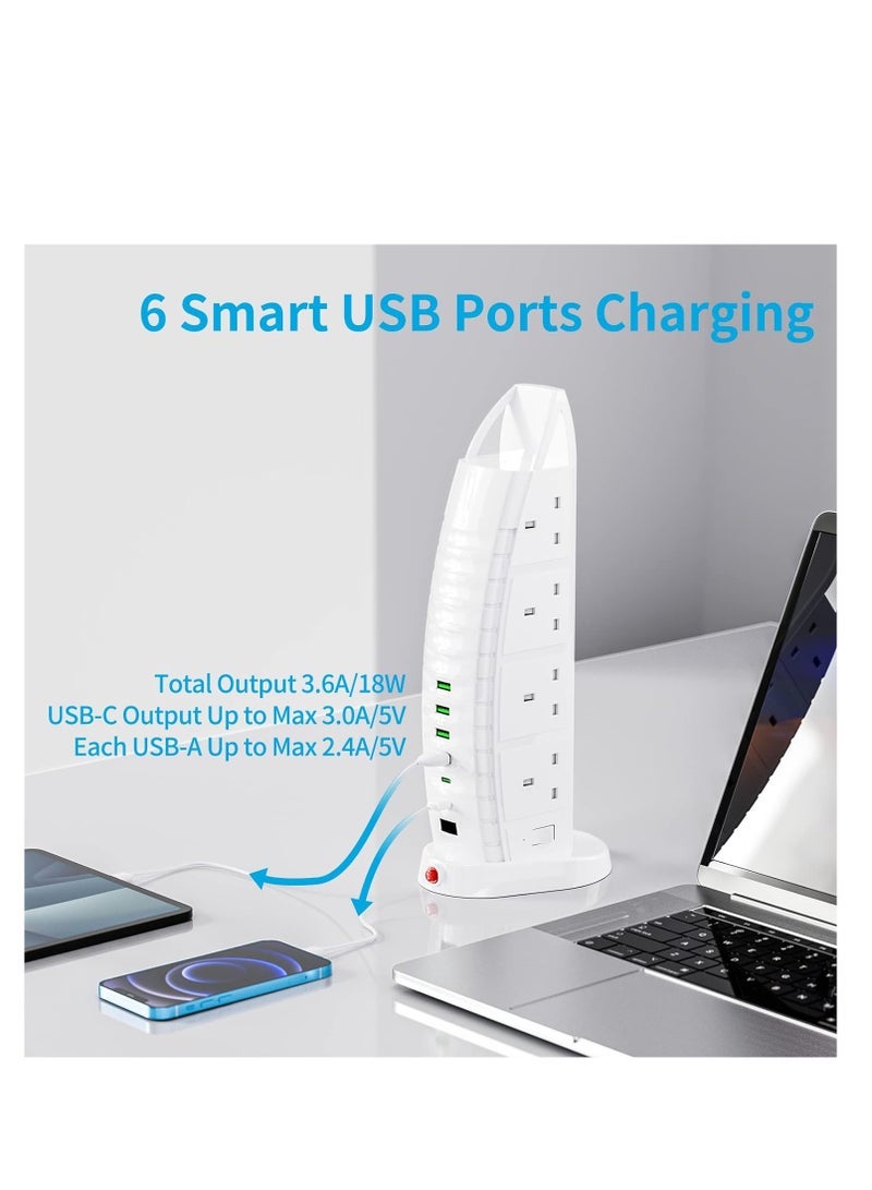 ELTRAZONE Extension Socket Burj Al Arab Shape - 8 Outlets, 6 USB, 2 Type-C, 4 USB Ports, 3.6A, 2M Cable, Vertical Power Strip with Switches, Multi-Plug Design  - Image 3